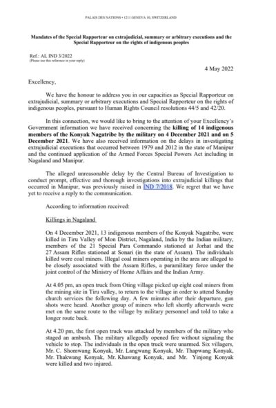 From the date when the Special Rapporteur on the extrajudicial, summary, or arbitrary executions and the Special Rapporteur on Rights of Indigenous Peoples